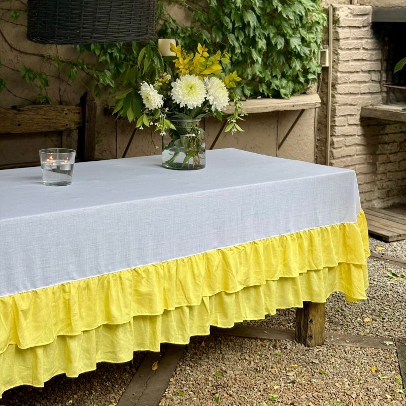 Mantel Paz / Lino Blanco con Volados Amarillos