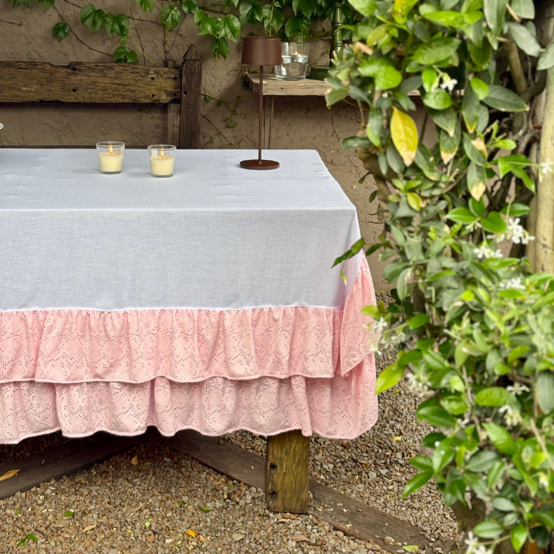 Mantel Alma / Lino Blanco y Encaje Rosa
