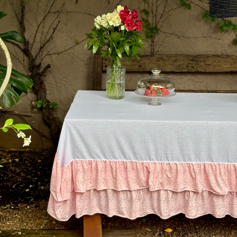 Mantel Alma / Lino Blanco y Encaje Rosa