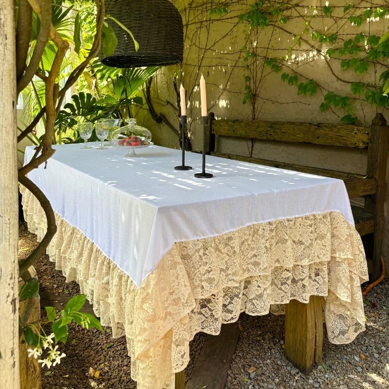 Mantel Alma / Lino Blanco y Encaje Beige